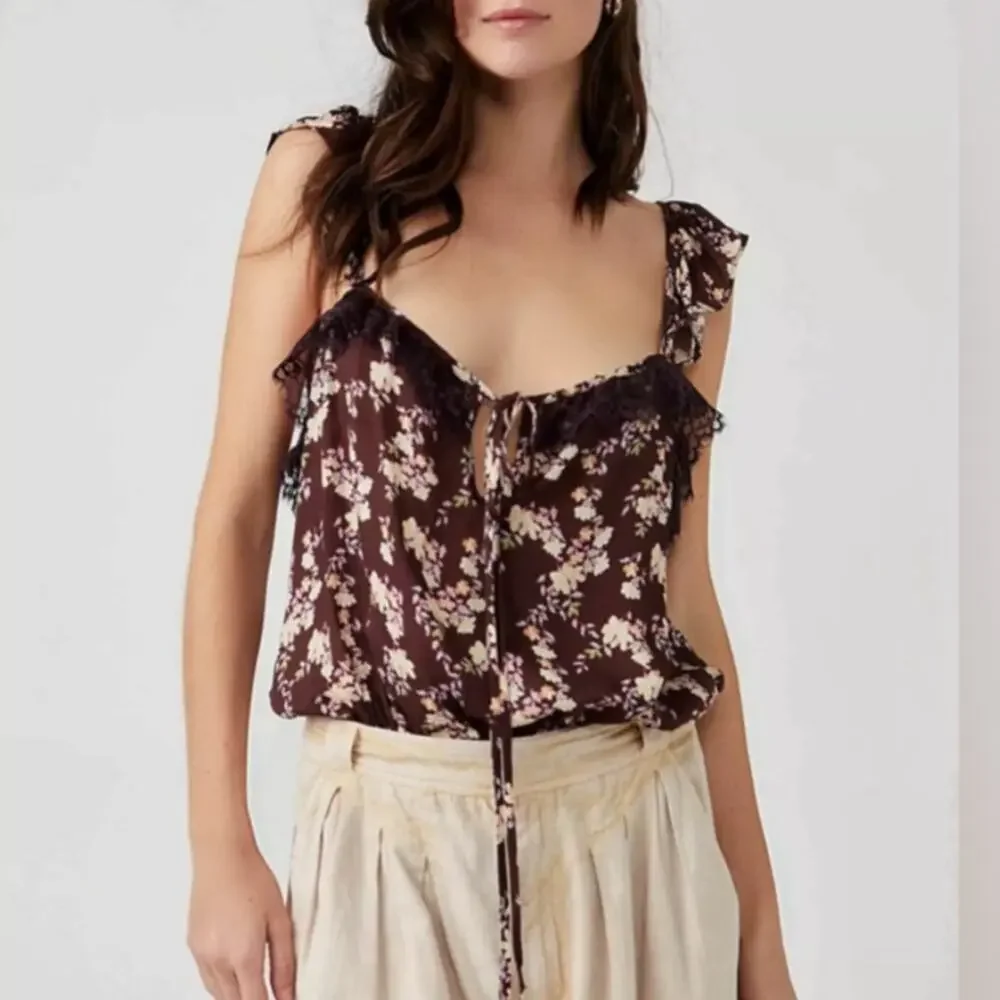 Free People Prairie Cottage Take It Away Lace Floral Bodysuit Top Brown sz S NWT